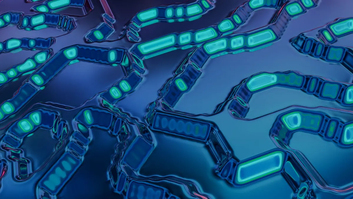 A glowing blue and teal chain-like digital pattern