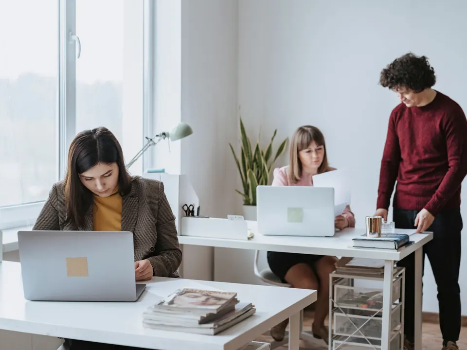 Colleagues working at laptops and desks in a bright office